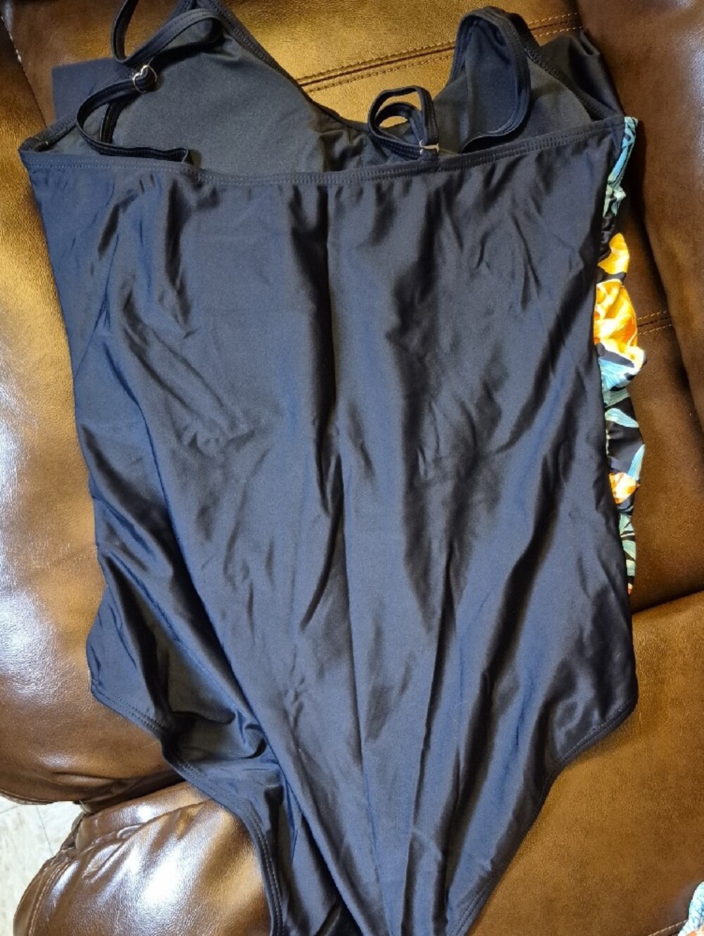 Navy Floral Ruffle And Ruched Swimsuit - Picture 2 of 3